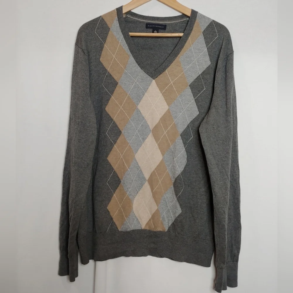 Banana Republic Argyle Pullover Sweater Gray Tan Cream Silk Cotton‎ Cashmere XL